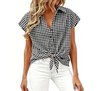 Camicetta estiva da donna a quadretti, in cotone, elegante, con scollo a V, con bottoni, per il tempo libero, a maniche corte, camicetta country da falegname, O nero., S