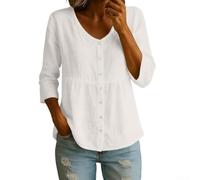 Camicetta estiva da donna, effetto lino, scollo a V, maniche corte, per il tempo libero, per vacanze, spiaggia, yoga, vestibilità regolare, elasticizzata, tinta unita, tabella delle taglie (XL bianco)