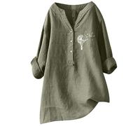 Camicetta estiva da donna, elegante, in cotone e lino, con motivo floreale, scollo a V, oversize, a maniche lunghe, in mussola, verde, 3XL