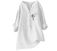 Camicetta estiva da donna, elegante, in cotone e lino, con motivo floreale, scollo a V, oversize, a maniche lunghe, in mussola, bianco, M