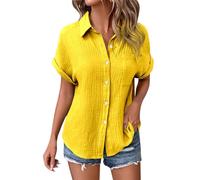 Camicetta estiva da donna, in cotone, a maniche corte, in lino, con scollo a V, a maniche lunghe, con tasca, casual, per leggings, giallo., L