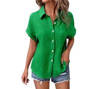 Camicetta estiva da donna, in cotone, a maniche corte, in lino, con scollo a V, a maniche lunghe, con tasca, casual, per leggings, verde, L