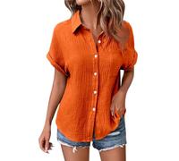 Camicetta estiva da donna, in cotone, a maniche corte, in lino, con scollo a V, a maniche lunghe, con tasca, casual, per leggings, Colore: arancione., L