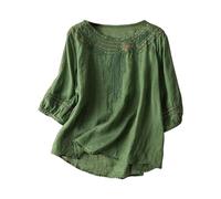 Camicetta estiva da donna in lino, con scollo rotondo, maniche a 3/4, colore bianco, con motivo floreale, a maniche lunghe, stile Cheongsam, per il tempo libero, verde, XL