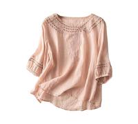 Camicetta estiva da donna in lino, con scollo rotondo, maniche a 3/4, colore bianco, con motivo floreale, a maniche lunghe, stile Cheongsam, per il tempo libero, Colore: rosa., 3XL