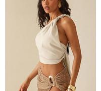 Camicetta estiva da donna sexy da vacanza, con una spalla, con nodo e retro annodato, in lino L,M,S,XL,XS,XXL,XXS,XXXL,XXXXLColore unicoTessuto intrecciato