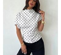 Camicetta estiva elegante a pois bianchi e neri, con colletto arricciato, maniche asimmetriche e vita arricciata, ideale per l'ufficio o per una vacanza in stile Riviera francese. L,M,S,XL,XS,XXSstamp