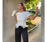 Camicetta estiva elegante in cotone bianco da donna per brunch, top vintage con maniche a sbuffo, bordo in pizzo e peplo, camicia cottagecore stile milkmaid, top per matrimoni ed eventi estivi L,M,S,X