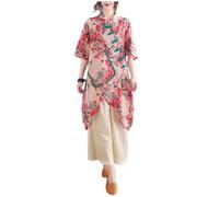 Camicetta estiva Hanfu in cotone ramiè con maniche a 3/4, abito cinese con bottoni a forma di rana cinese, A2, Multicolore, XL