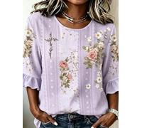 Camicetta floreale da donna con maniche a 3/4 con volant e stampa rosa lavanda casual camicia ampia girocollo boho vintage primavera moda