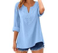 Camicetta in cotone da donna, lunga ricamata, scollo a V, oversize, maniche a 3/4, in lino, a maniche lunghe, oversize, maglietta larga, traspirante, camicetta estiva leggera, Celeste., XL