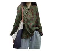 Camicetta in cotone e lino con motivo floreale in stile cinese retrò, camicia a maniche lunghe con chiusura a bottone a rana A16, Verde, L