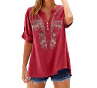 Camicetta in lino con maniche a 3/4, scollo a V, da donna, estiva, bohémien, bianca, con ricamo floreale, Henley Cheongsam, a maniche lunghe, leggera e traspirante, per il tempo libero, Colore: rosso