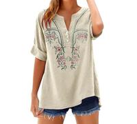 Camicetta in lino con maniche a 3/4, scollo a V, da donna, estiva, bohémien, bianca, con ricamo floreale, Henley Cheongsam, a maniche lunghe, leggera e traspirante, per il tempo libero, beige., 3XL
