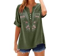Camicetta in lino con maniche a 3/4, scollo a V, da donna, estiva, bohémien, bianca, con ricamo floreale, Henley Cheongsam, a maniche lunghe, leggera e traspirante, per il tempo libero, verde, M
