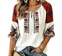Camicetta in lino da donna a mezze maniche, scollo a V, in mussola estiva, ricamata, con lacci, stile bohémien, stile folklore, hippie, motivo floreale, O rosso., XL