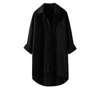 Camicetta in lino da donna, bianca, a maniche lunghe, grande, in lino, elegante, a maniche lunghe, con bottoni, oversize, per autunno e estate, in lino, Nero , XXL