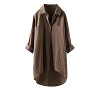 Camicetta in lino da donna, bianca, a maniche lunghe, grande, in lino, elegante, a maniche lunghe, con bottoni, oversize, per autunno e estate, in lino, cachi, XXL