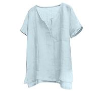 Camicetta in lino da donna e uomo, in cotone e lino, a maniche corte, estiva, a maniche lunghe, per il tempo libero, con scollo a V, in mussola, Azzurro, XL