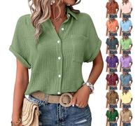 Camicetta in lino da donna, estiva, oversize, in mussola, in cotone, a maniche corte, elegante, con scollo a V, in lino, leggera, traspirante, in tinta unita, con tasca, mimetico, S
