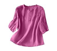 Camicetta in lino da donna, in cotone, maniche a 3/4, stile folklore, vintage, scollo rotondo, con bottoni, leggera, estiva, tradizionale, elegante, larga, ricamata, con motivo floreale, O rosso., XL