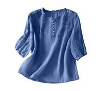 Camicetta in lino da donna, in cotone, maniche a 3/4, stile folklore, vintage, scollo rotondo, con bottoni, leggera, estiva, tradizionale, elegante, larga, ricamata, con motivo floreale, O blu., XL
