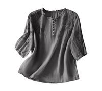 Camicetta in lino da donna, in cotone, maniche a 3/4, stile folklore, vintage, scollo rotondo, con bottoni, leggera, estiva, tradizionale, elegante, larga, ricamata, con motivo floreale, O grigio., XL