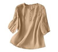 Camicetta in lino da donna, in cotone, maniche a 3/4, stile folklore, vintage, scollo rotondo, con bottoni, leggera, estiva, tradizionale, elegante, larga, ricamata, con motivo floreale