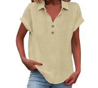 Camicetta in lino da donna - Maglietta in lino con scollo a V da donna, tinta unita, con bottone alto in finta collo, traspirante, maglietta a maniche corte, alte, per il tempo libero all'aperto