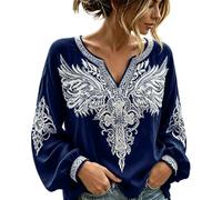 Camicetta in stile bohémien con ricamo anni '70 e '80, a maniche lunghe, con scollo a V, stile folklore, O blu navy, M