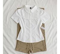 Camicetta leggera da donna primavera/estate stile vintage dolce, con colletto Peter Pan in pizzo arricciato, maniche corte e bottoni, per vacanze & picnic L,M,S,XSColore unicoPoliestere