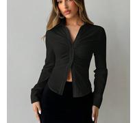 Camicetta lunga a manica lunga bianca da donna, con colletto alla coreana, nuova per l'autunno/inverno, adatta per l'ufficio e il tempo libero, con pieghe al petto e orlo appuntito, monopetto e aderen