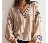 Camicetta lunga manica lunga in stile boho-chic-country, in tessuto lavorato a maglia lento, con ricamo, adatta per le vacanze delle donne L,M,S,XLAnimale,Lettere,PianteTessuto intrecciato