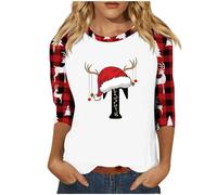 Camicetta natalizia da donna, alla moda, per autunno/inverno, maniche a sette quarti, con stampa di lettere natalizie, maglietta a maniche lunghe, per festival, regali di Natale quotidiani, cachi, L