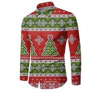 Camicetta natalizia da uomo con fiocco di neve, divertente, a maniche lunghe, con bottoni, per vacanze e festival, Rosso, 5XL