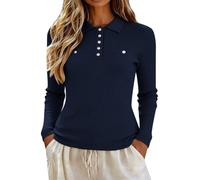 Camicetta nera Polo Colletto A Costine Maglia Pulsante Manica Lunga Casual | Polo intelligente con collo rovesciato, abbottonatura a cinque bottoni, doppie tasche sul petto finte