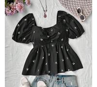 Camicetta rosa oversize con maniche a lanterna, scollo tondo, romantica e versatile per la vita quotidiana o le vacanze, con arricciature sul petto e fiocco 0XL,1XL,2XL,3XL,4XLFloreale,Colore unico,Pi