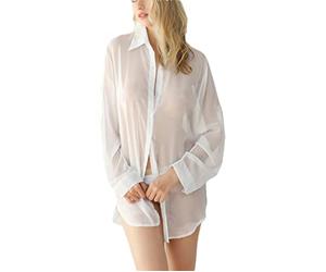 Camicetta Sexy Lingerie Donna Classica Pulsante Bianco Camicia Trasparente Primavera Estate Chiffon Nighty Top, bianco, M
