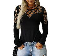 Camicetta T-Shirt Moda Donna Casual Top Manica Lunga Tagliata Scava Fuori Strass (M,Nero)