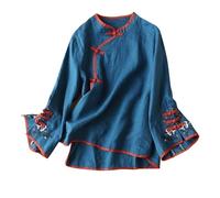 Camicetta tradizionale cinese da donna con ricamo in cotone e lino a campana camicie a maniche lunghe con bottoni a rana Cheongsam T-shirt da baseball per le donne a maniche corte, Blu, M
