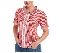 Camicetta tradizionale da donna a maniche corte, in pizzo, a quadretti, scollo rotondo, elegante, vintage, a quadri, Y2K, moderna, con bottoni, per carnevale bavarese, Oktoberfest, 05 rosso, XXL