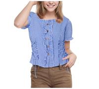 Camicetta tradizionale da donna a maniche corte, in pizzo, a quadretti, scollo rotondo, elegante, vintage, a quadri, Y2K, moderna, con bottoni, per carnevale bavarese, Oktoberfest, 10 Blu, L