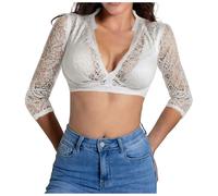 Camicetta tradizionale Dirndlbluse da donna in pizzo, colore bianco, a maniche corte, con scollo a V, per costume bavarese, Oktoberfest, #2 bianco, S