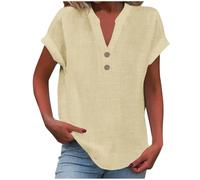 Camicettaa Maniche Corte da Donna con Scollo a V Camicie Casual Tinta Unita (Beige,3XL)