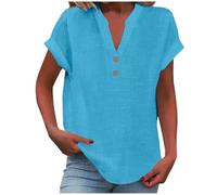 Camicettaa Maniche Corte da Donna con Scollo a V Camicie Casual Tinta Unita (Blue,L)