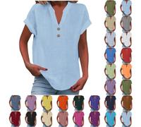 Camicettaa Maniche Corte da Donna con Scollo a V Camicie Casual Tinta Unita (Light Blue,M)