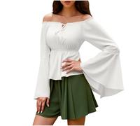 Camicette con volant e spalline scoperte per donne, top medievali gotici con spalline sottili, elastico in vita, top contadino, vintage, rinascimentale, vittoriano, camicia pirata, top casual