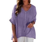 Camicette Cotone Lino per Le Donne Manica Corta T-shirt Casual Sciolto Tinta unita T Shirt Comfy Scollo a V Cotone Lino Camicetta Grandi Taglie Top Vacanze Top, viola., S