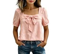 Camicette da donna a maniche corte a sbuffo con scollo quadrato, in lino, Y2k, estive, con nodo frontale, rosa, XXL