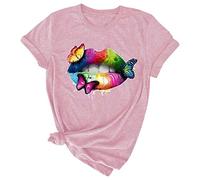 Camicette da donna a maniche corte O-Neck stampa casual top pullover camicetta, camicette e top (rosa 3XL)